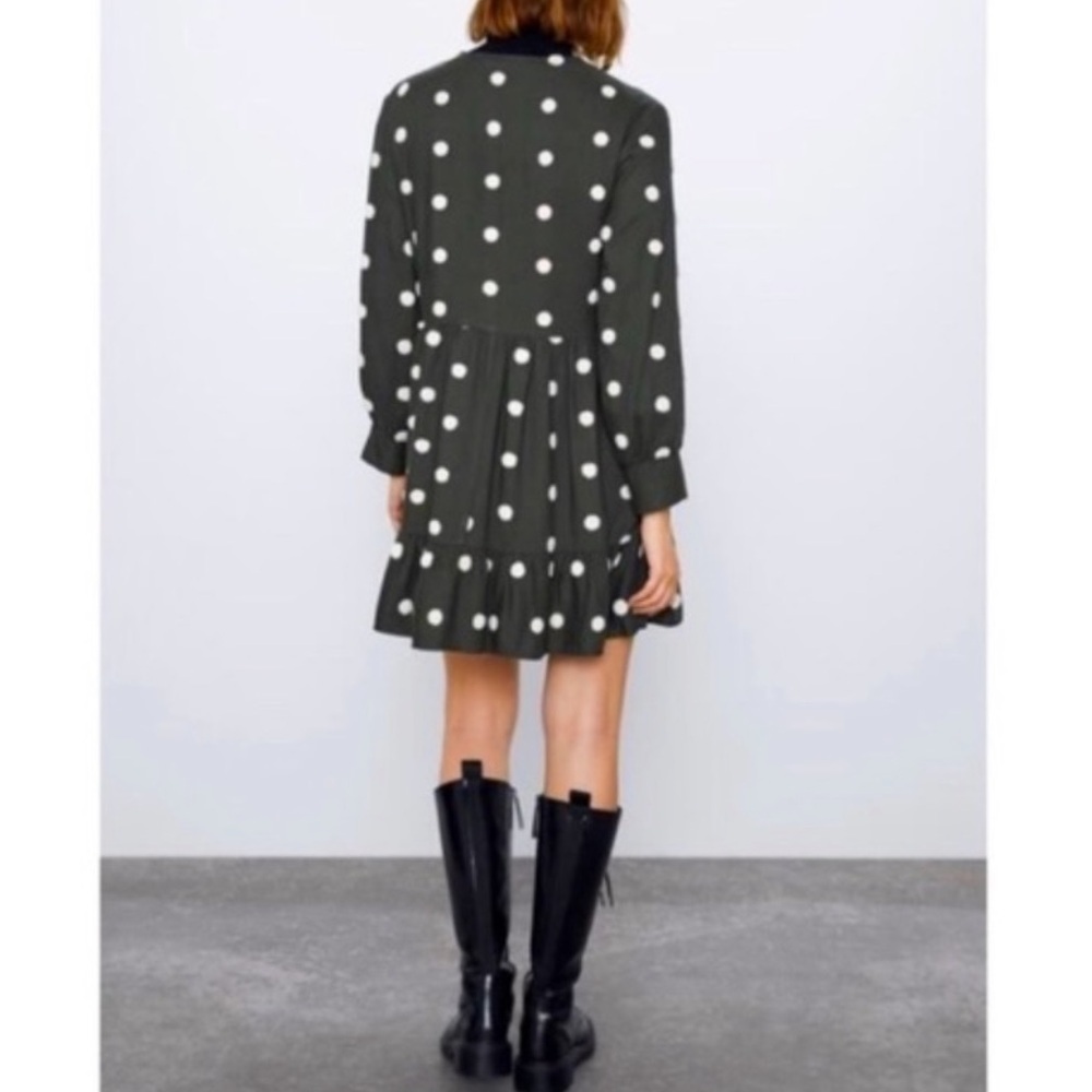 Zara Khaki Green Embroidered Polka Dot Long Sleeve Baby-Doll Dress | Medium - Picture 3 of 14